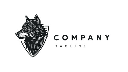 Black vector art  hand drawn illustration of a wolf head and shield logo design