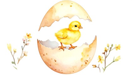 Watercolor chick hatching from egg