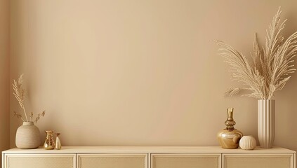 A minimalist room interior features a beige wall, a light wood console table, and neutral-toned decorative objects including vases, dried plants, and decorative spheres