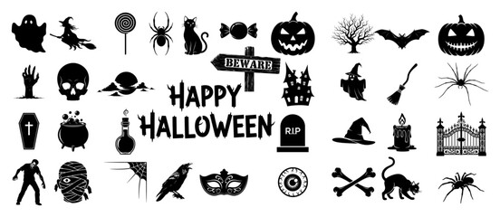 Spooky Halloween Holiday Icon Collection Set Black Shape Vector Laser Cutting Engraving Monochrome Print