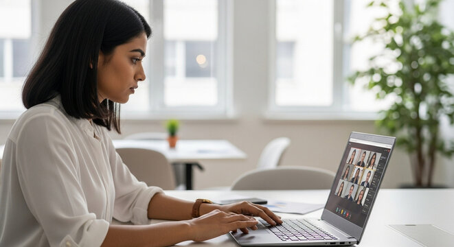 Young latin Hispanic woman using laptop computer for business studying, watching online virtual webinar training meeting, video call. Focused indian female businesswoman work in office, vertical