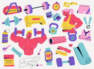 Vector illustration set with fitness people, dumbbells, kettlebells, barbell, sport bag, protein, stopwatch, roller, gloves, smartwatch and gym accessories on light background