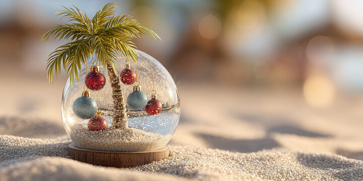 Christmas Snow Globe, Blue and Red Ornament on the Beach