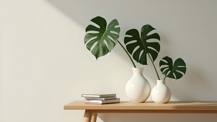Simple scene with wooden table, white ceramic vase with large green monstera leaves and a pile of books beside it. Soft background, natural light.