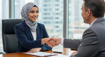 Young muslim bank worker woman in hijab shaking hand with client, hr manager welcome recruit employee. Middle eastern arab businesswoman showing greeting after signing contract with business partner