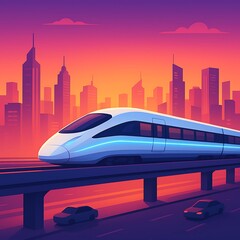 Futuristic high-speed train traveling through a vibrant city skyline at sunset, symbolizing advanced transportation and urban development