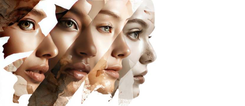 Multi-toned female faces, layered and fragmented, highlighting skin tones