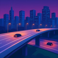 Vibrant Night Cityscape with Modern Elevated Highway and Flowing Traffic Under a Futuristic Blue and Purple Sky, Capturing Urban Energy