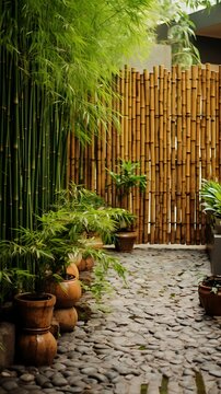 Zen bamboo garden pathway: A tranquil escape with pebble stones and natural texture backdrop