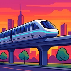 Sleek monorail speeding through a modern city at dusk, showcasing advanced urban transportation and future concepts of metropolitan living with a vibrant sky