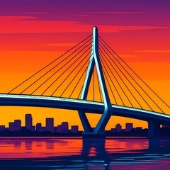 Modern cable-stayed bridge against vibrant orange and purple sunset, reflected in calm waters, with distant city skyline silhouette, capturing urban twilight