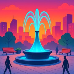 Vibrant Fountain in the City Square at Sunset, a Social Gathering Spot