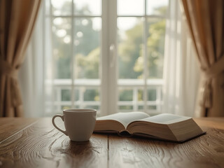 Serene Reading Nook: A peaceful scene of a cup of coffee beside an open book in the sunlight, evoking a sense of calm and contentment.