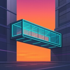 Futuristic neon-lit skybridge connecting sleek urban buildings against a breathtaking sunset backdrop, showcasing innovative modern architectural design in a vibrant cityscape