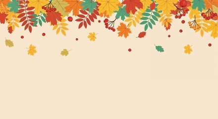 Autumn background with colorful falling leaves in orange, yellow, red, and green tones on beige backdrop, perfect for seasonal invitations, greeting cards, posters, banners, and fall design projects.