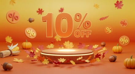 3D autumn sale promotion with 10% off text, pumpkins, acorns, and falling autumn leaves on orange background, perfect for seasonal discounts, fall offers, shopping, and retail marketing campaigns.