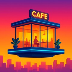Imagine a captivating scene of a modern, stylish cafe suspended high above a bustling metropolis, glowing with inviting neon lights as evening descends, offering a futuristic dining experience
