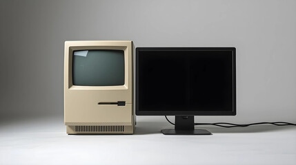 Retro beige computer beside modern sleek monitor, technology contrast