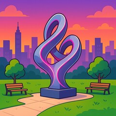 City Park Sculpture Abstract Art in an Urban Landscape with Vibrant Sunset