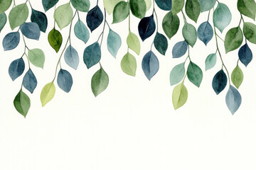 Watercolor illustration of hanging leaves in green, blue, and olive tones against a white background, emphasizing natural textures and graceful botanical elegance.