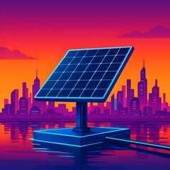 Vibrant cityscape powered by a floating solar panel, symbolizing innovative renewable energy solutions and a sustainable future for urban environments