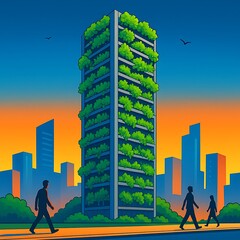 Eco-conscious urban skyscraper with extensive vertical gardens, symbolizing sustainable architecture and the integration of nature into modern cityscapes for a greener future