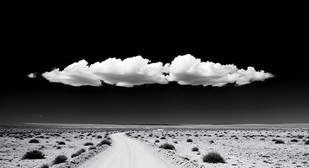 Solitary Cumulus: A Dramatic Black and White Landscape of an Arid Plain Under a Vast, Dark Sky, Featuring a Single Bright Cloud and a Winding Dirt Road Disappearing into the Horizon.