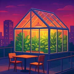 Rooftop Greenhouse Oasis A Tranquil Urban Escape at Sunset