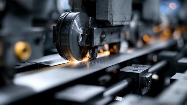 Medium shot of slitting operation on flat metal bars capturing the precise blade action with sharp focus on tool while the surrounding machinery is softly out of focus.