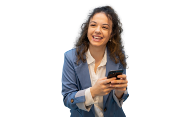 Smiling businesswoman engaging in professional digital communication, expressing joy while using smartphone against clean backdrop