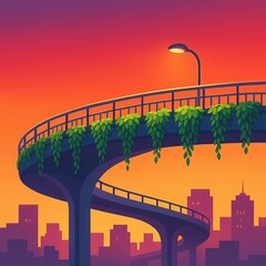 Modern urban overpass with hanging plants against a vibrant sunset sky, symbolizing nature's integration into city life