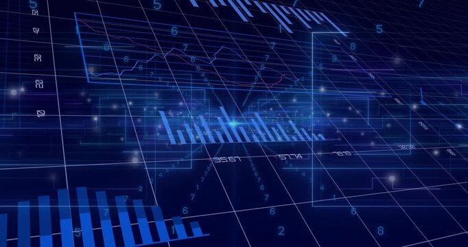 On startup 3D data interface unfolding bars, pies and digits over grid, particles visualizing data