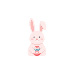 Simple modern flat Easter bunny holding a painted egg on white background