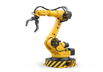Yellow industrial robotic arm isolated on white background, modern automation technology for manufacturing, assembly line, engineering, and advanced robotics industry