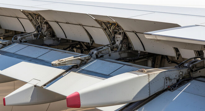 Detailed view of an aircraft's deployed wing flaps.
A detailed, wide-angle shot showing the complex flaps and slats of a modern aircraft wing in a deployed position
