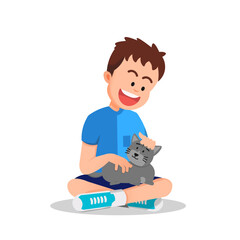 A boy sitting on the floor petting a cat on his lap