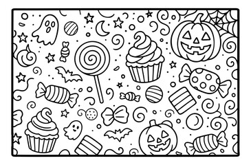 illustration for coloring halloween sweets coloring book  cute in vector