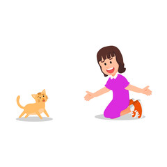 A little girl kneeling on the floor with open arms, smiling at her running cat