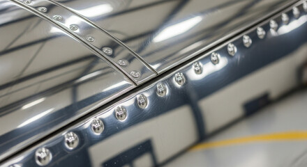 Polished aluminum surface of an aircraft with rivets.
A clean, detailed close-up of a polished aluminum airplane surface. The image highlights the perfectly aligned rivets and the reflective, mirror-
