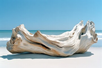 A weathered piece of driftwood rests on a pristine white sand beach against a clear blue ocean.