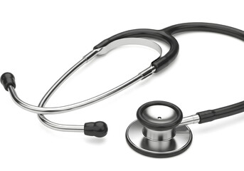 Black and silver stethoscope isolated on white background, medical instrument for doctors, healthcare professionals, diagnosis, patient examination, and hospital use