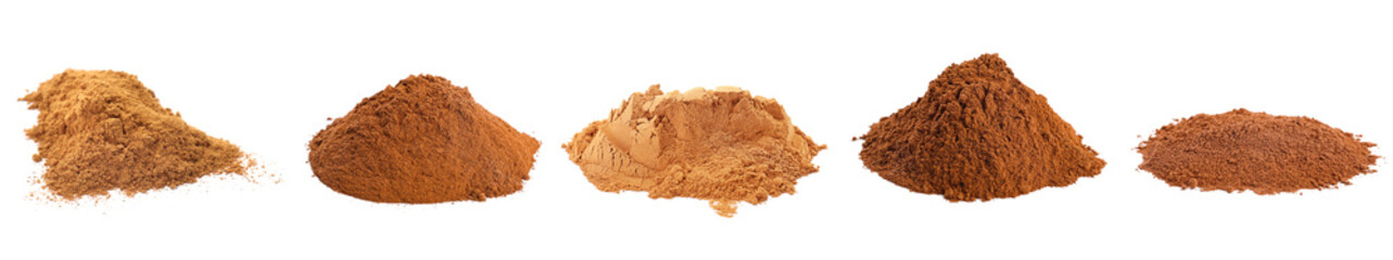 Cinnamon powder isolated on white, set. Aromatic spice