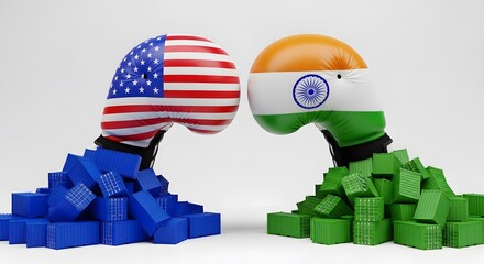 Clash of Titans: 3D Boxing Gloves Representing USA and India Face Off Amidst Towers of Blue and Green Shipping Containers, Illustrating a Global Trade Showdown!
