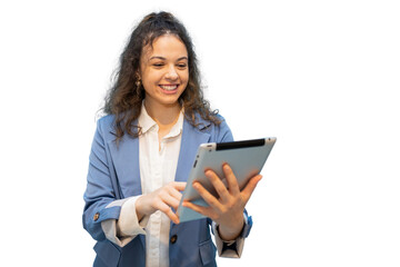 Fototapeta premium Businesswoman smiling confidently while using a digital tablet, showcasing her professionalism and connection in a modern office setting