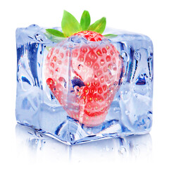Fresh strawberry in ice cube isolated on white