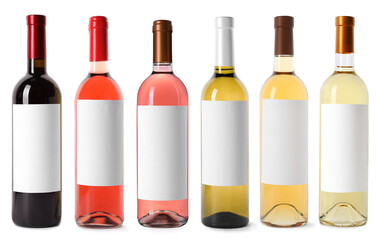 Bottles with empty labels isolated on white, set. Different types of wine