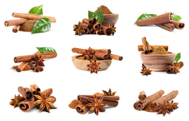 Cinnamon sticks and powder isolated on white, set