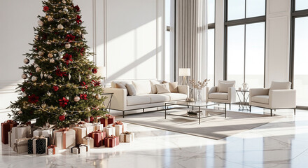 Festive Christmas Tree and Gifts in a Modern, Luxurious Living Room Interior
