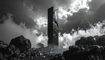 A monochrome towering, monolithic structure piercing a stormy sky, surrounded by rugged terrain and dark, dramatic clouds