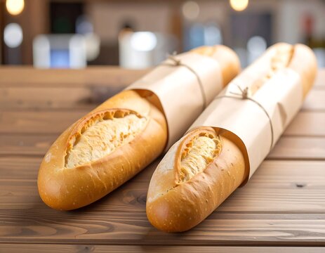 Two baguettes wrapped in brown paper on a wooden table